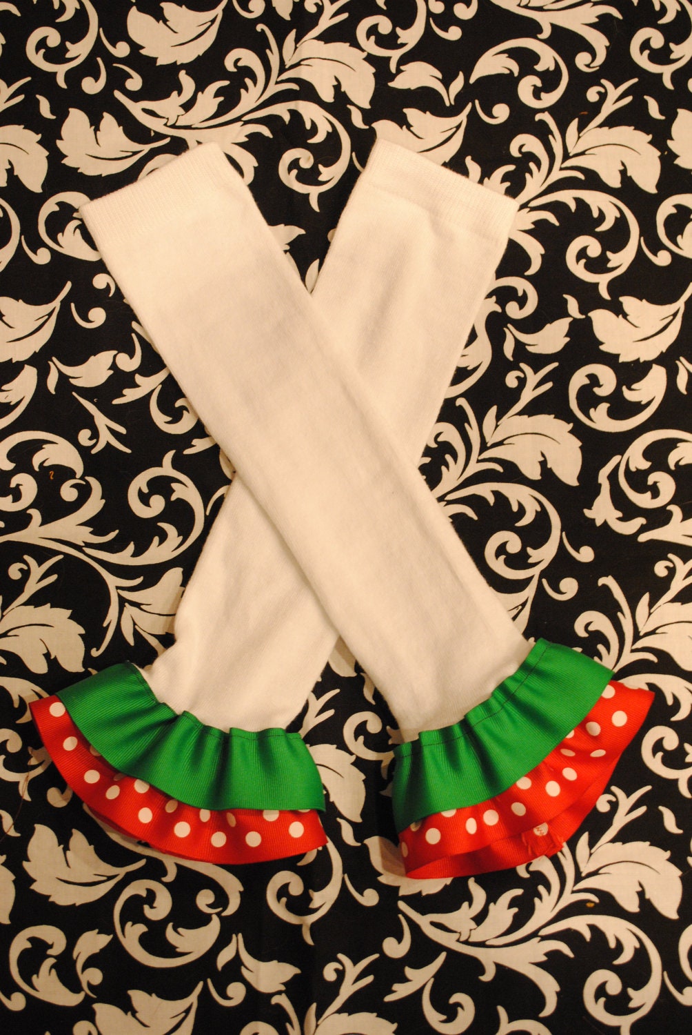 Red and Green Christmas Polka Dot Double Layer Ruffle Ribbon Legwarmers