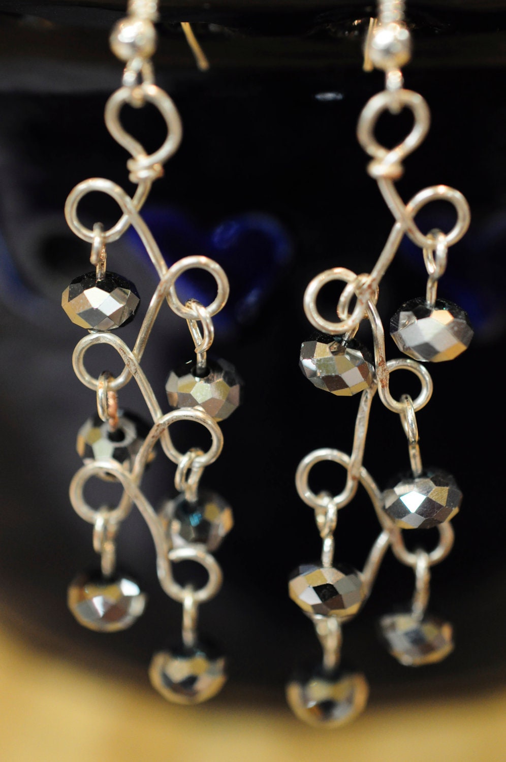 Hand Formed Silver Wire Wrapped Earrings with Czech Pewter Polished Faceted Rondelle Beads.