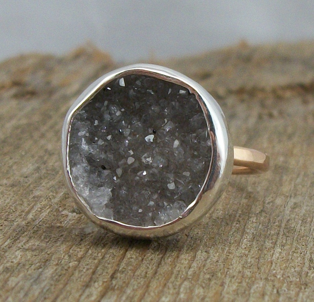 Druzy Ring 14k Rose Gold Fill Sterling Silver, Grey Druzy, Silver Druzy, Dursy Ring, Agate, Geode