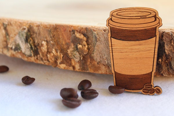 Wood laser cut brooch - takeaway coffee latte cup and coffee beans