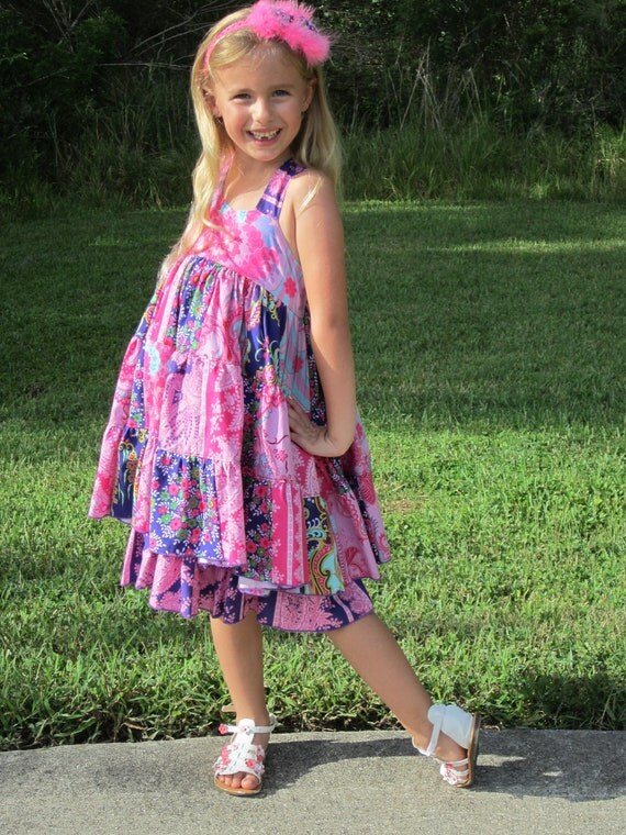 Crazy Love Patchwork Twirl Boho Dress Size 6 Three Tiers Two Layers Tie Back Adjustable Straps Handmade Ready to Ship