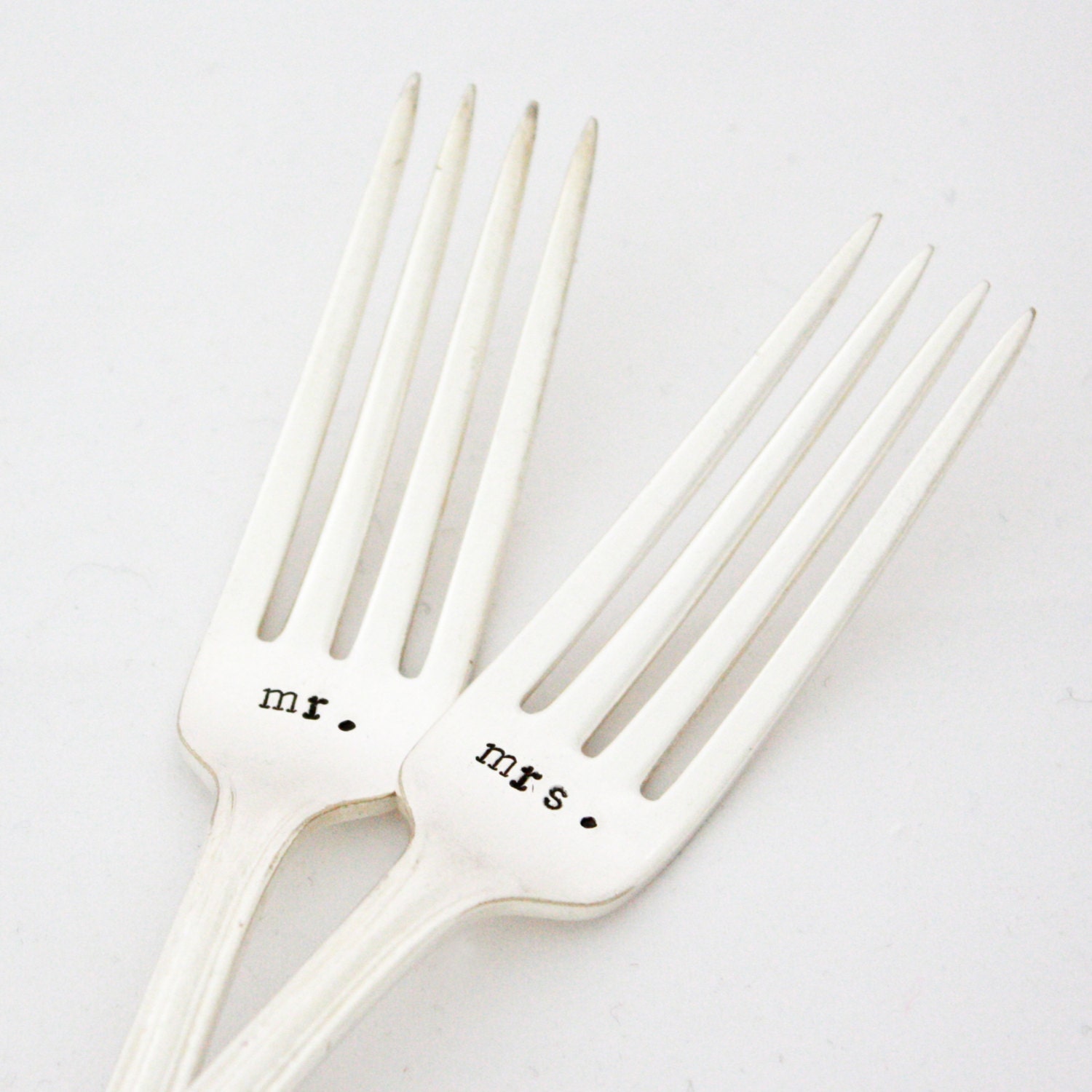Mr and Mrs wedding forks- hand stamped silver forks. unique engagement gift. As featured by Martha Stewart Weddings.
