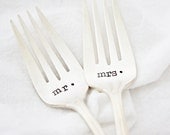 Mr & Mrs wedding forks- hand stamped vintage silver forks, stamped silverware for engagement gift. As featured by Martha Stewart Weddings.