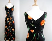 Vintage 1970's Peekaboo Back Maxi Dress with Tulip Print - Boho Chic Dress - Size Small