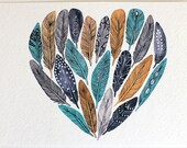 Feather Heart Painting - Watercolor Art - Large Archival Print - 11x14 Paloma's Hear