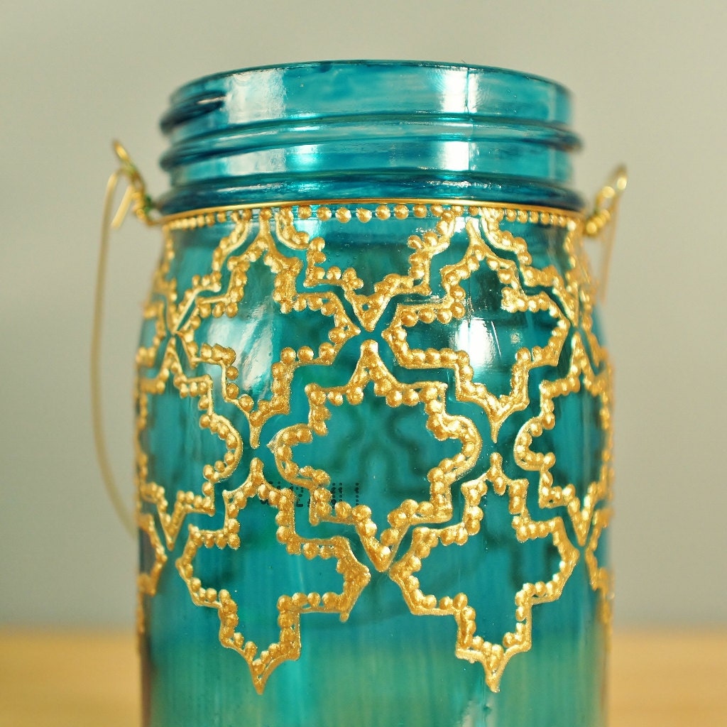 Mason Jar Lantern, Hand Painted Moroccan Design on Teal Glass with Gold Detailing