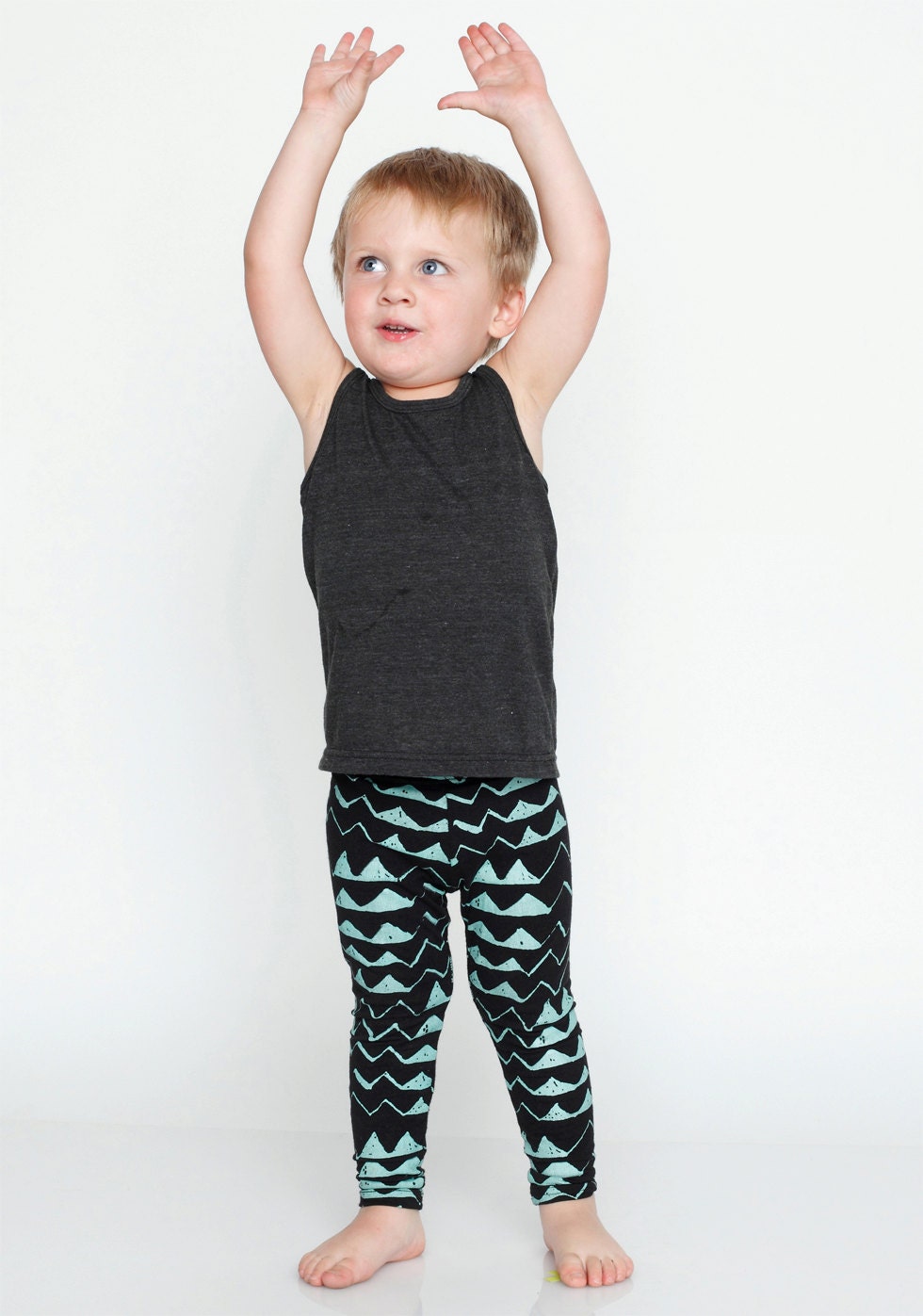 Hand Printed Mountain Leggings in Mint on Black