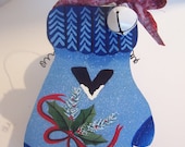 Christmas, Ornament, Blue, Mitten, Holiday, Handmade, Hand Painted, Plaque, Door Art
