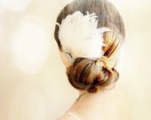 White Bridal Feather Hair Clip, 1920s, Something Old, Pink and White