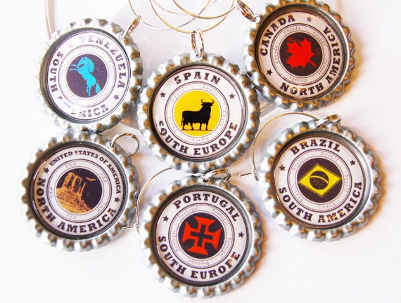 Travel wine charms, Wine Glass Charms, barware, Wine Charms, travel, Venezuela, Spain, Canada, United States, Portugal, Brazil