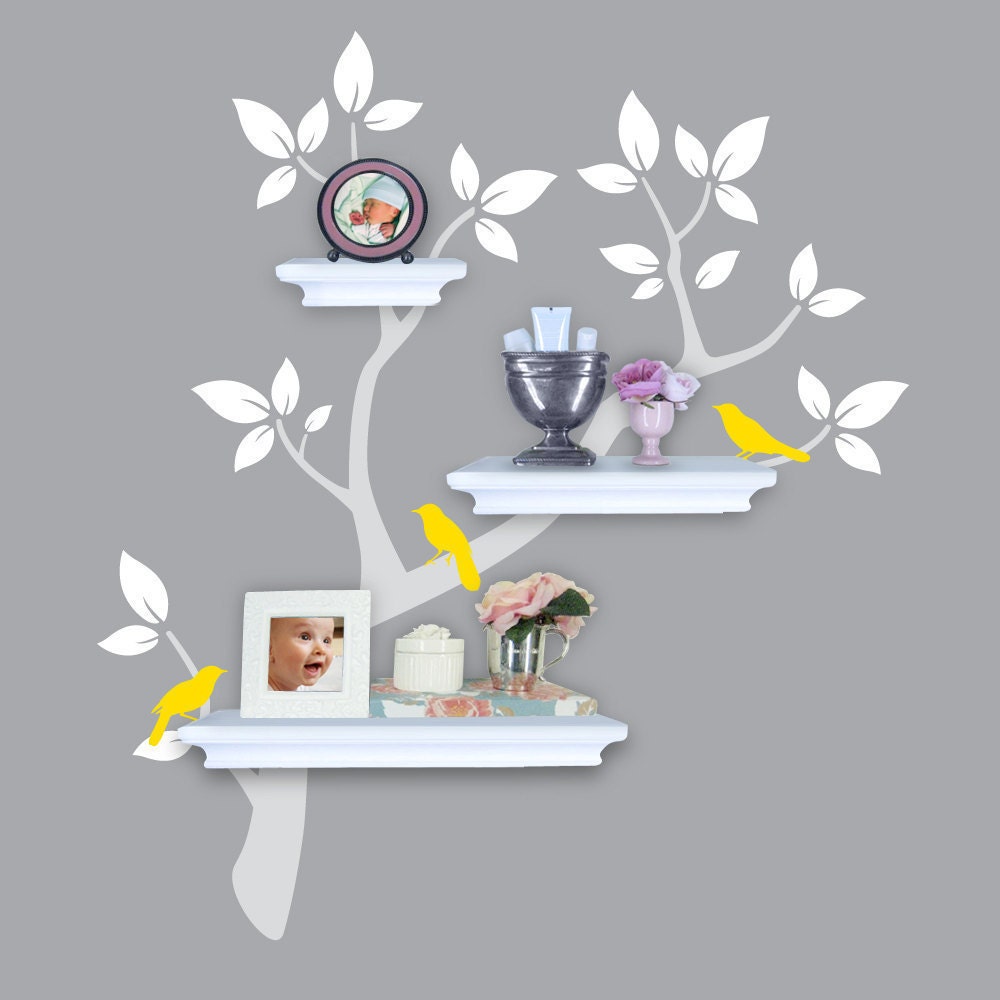 Tree Wall Decals - Tree Branch Decal with Birds for Shelving - Shelf Organizer - Baby Nursery Wall Decor