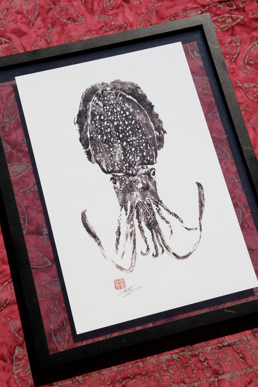 CUTTLEFISH (kou ika) squid GYOTAKU print - traditional Japanese fish art - by dowaito