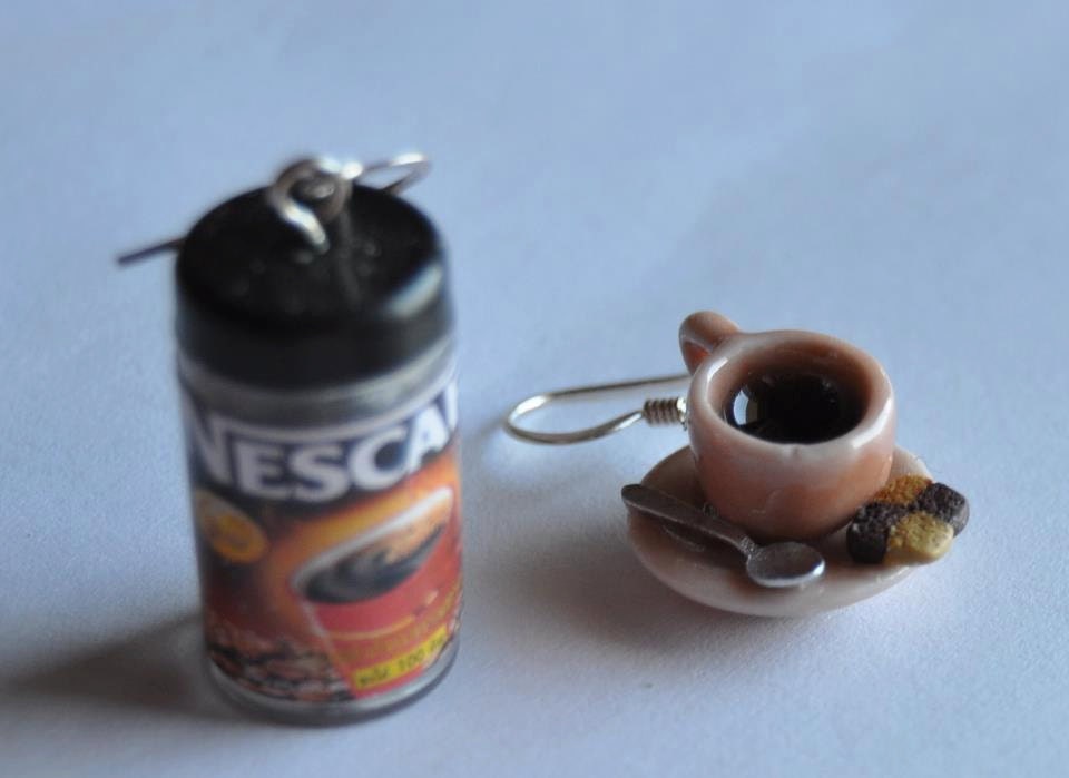 Nescafe coffe jar and coffee cup earrings  - Handmade miniature polymer clay food jewelry spoon biscuits ceramic mug