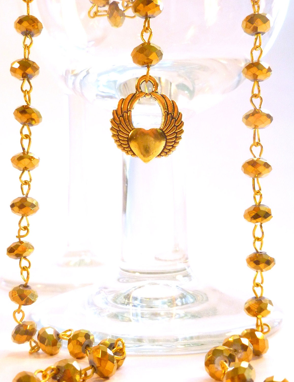 Gold Crystal Extra Long Rosary Style Necklace with Gold Winged Heart