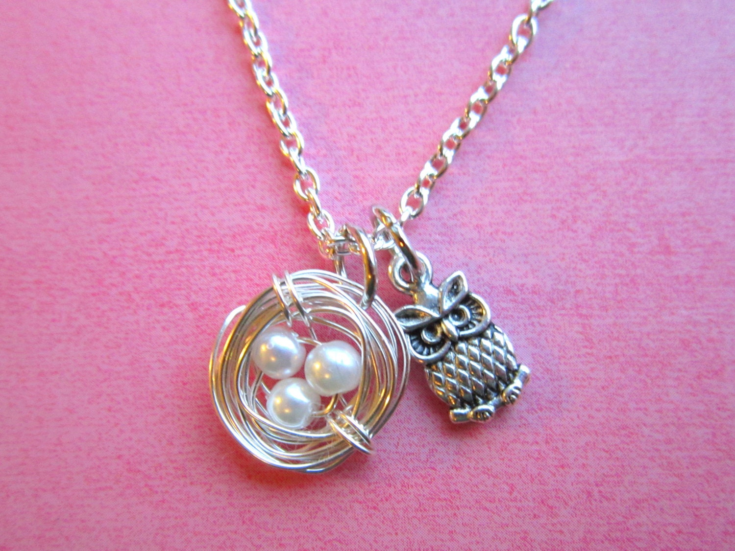 Bird's Nest with Owl Necklace, Mother's Necklace