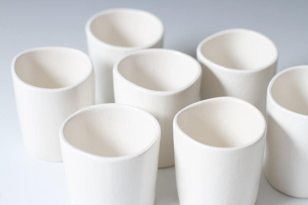 Small White Satin Matte Sake Cups /Simple, Modern Ceramic Pottery White Cup Individual or Set ready to ship