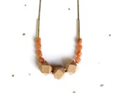 Statement Geometric Wood & Gemstone Necklace / long chunky beaded wooden necklace / vintage gold snake chain / orange or mint stones