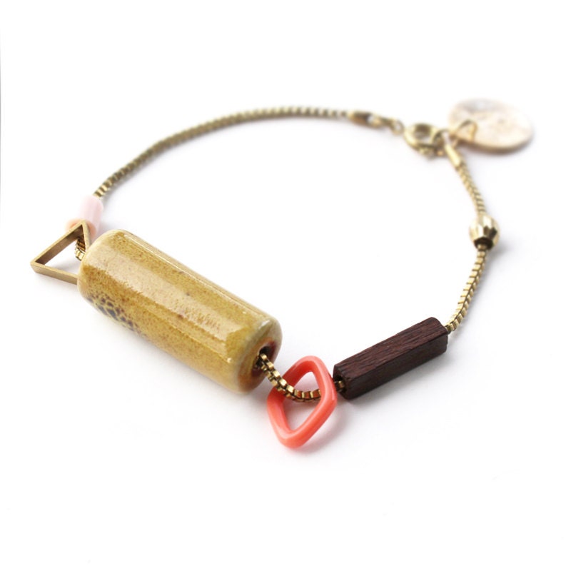 Mustard Pink Beaded Chain & Charm Bracelet / colorful geometric mixed-media jewelry / porcelain, wood, brass triangle, coral diamond