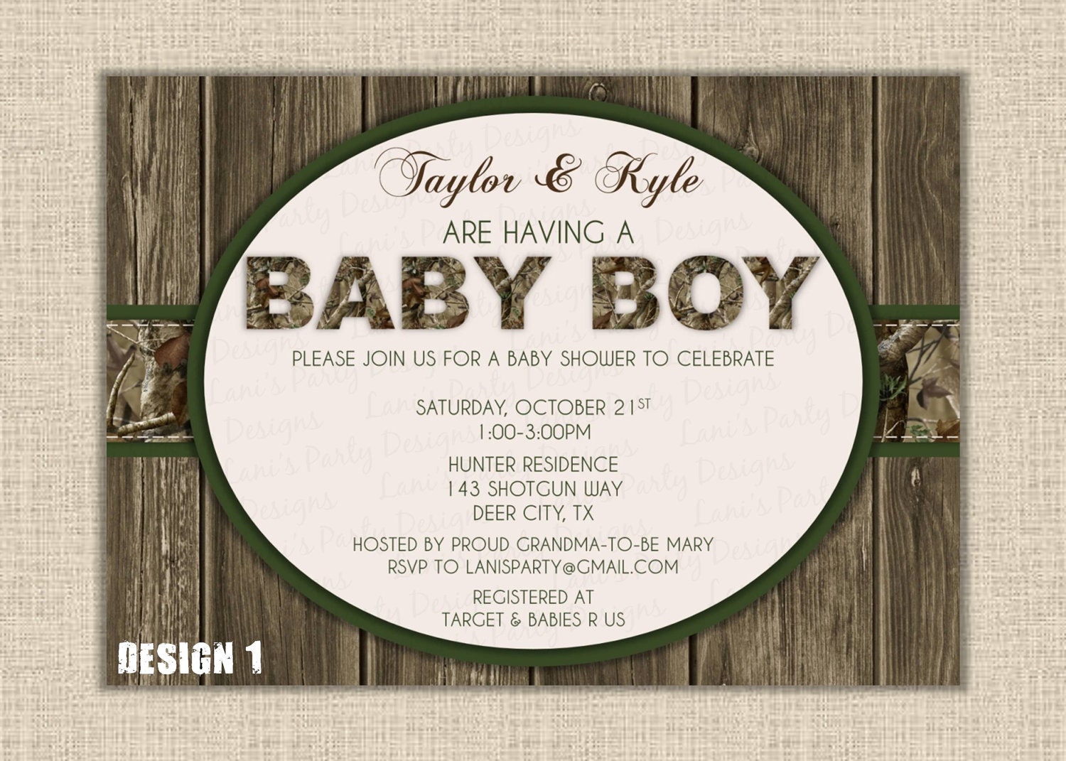 Orange or Green BOY Wood & Hunting Camo Baby Shower Invitation - - Digital DIY Printable