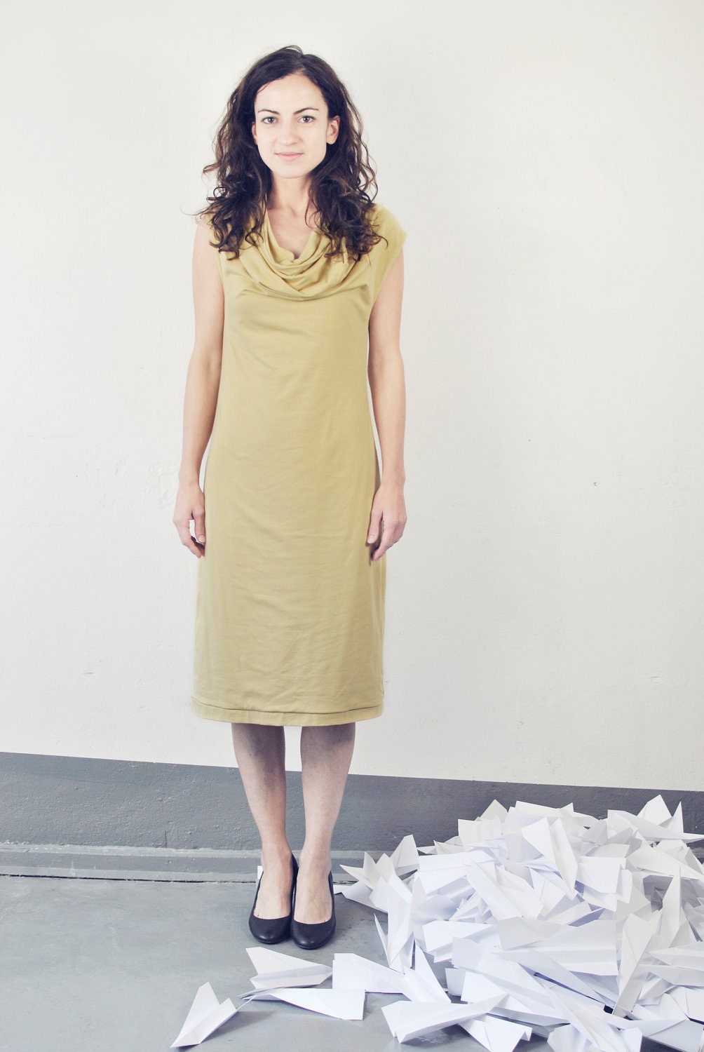 shirred front jersey dress, cowl neck, golden - yellow