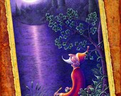 Moonlight-- signed archival art print of old man with magic flute by moonlit lake, illustration, Curious Art