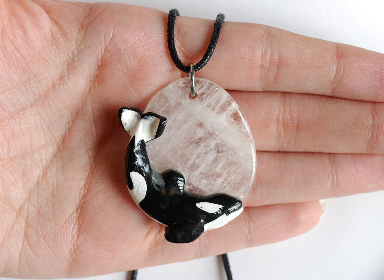 Keiko Orca (Free Willy) Pendant on Quartz Killer Whale Necklace