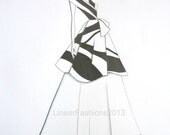 Fashion art, 1940s black and white gown, pencil illustration, original drawing, summer decor, art gift