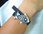 Metal Fish Figures Bracelet with Black Leather- Christmas Gift- Leather Cuffs- Fashion Jewelry- 2012 Trends- Fashion All Season