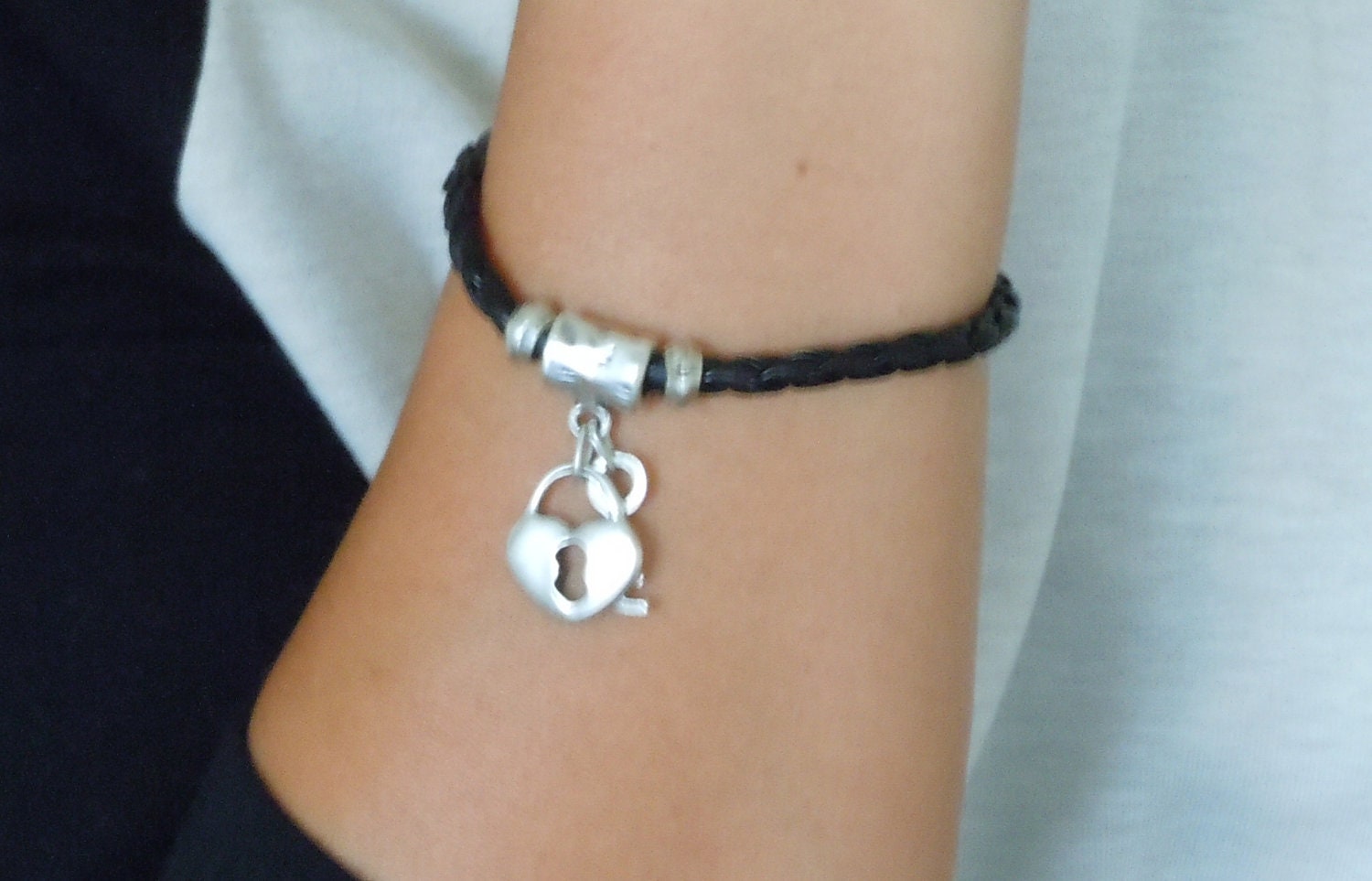Holiday Fashion- Metal Loced Heart Bracelet with Black Leather- Gift- Leather Cuffs- Fashion Jewelry- 2012 Trends- Fashion All Season
