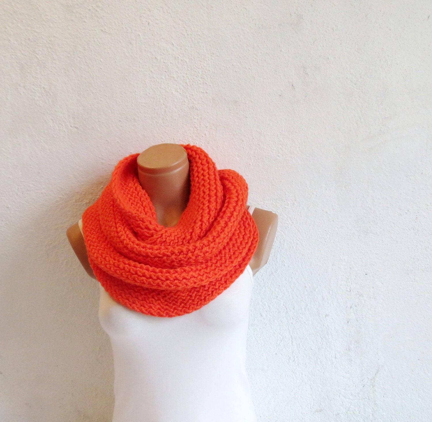 Discount..Knit infinity Scarf. Block Infinity Scarf. Loop Scarf, Circle Scarf, Neck Warmer. Orange Crochet Infinity