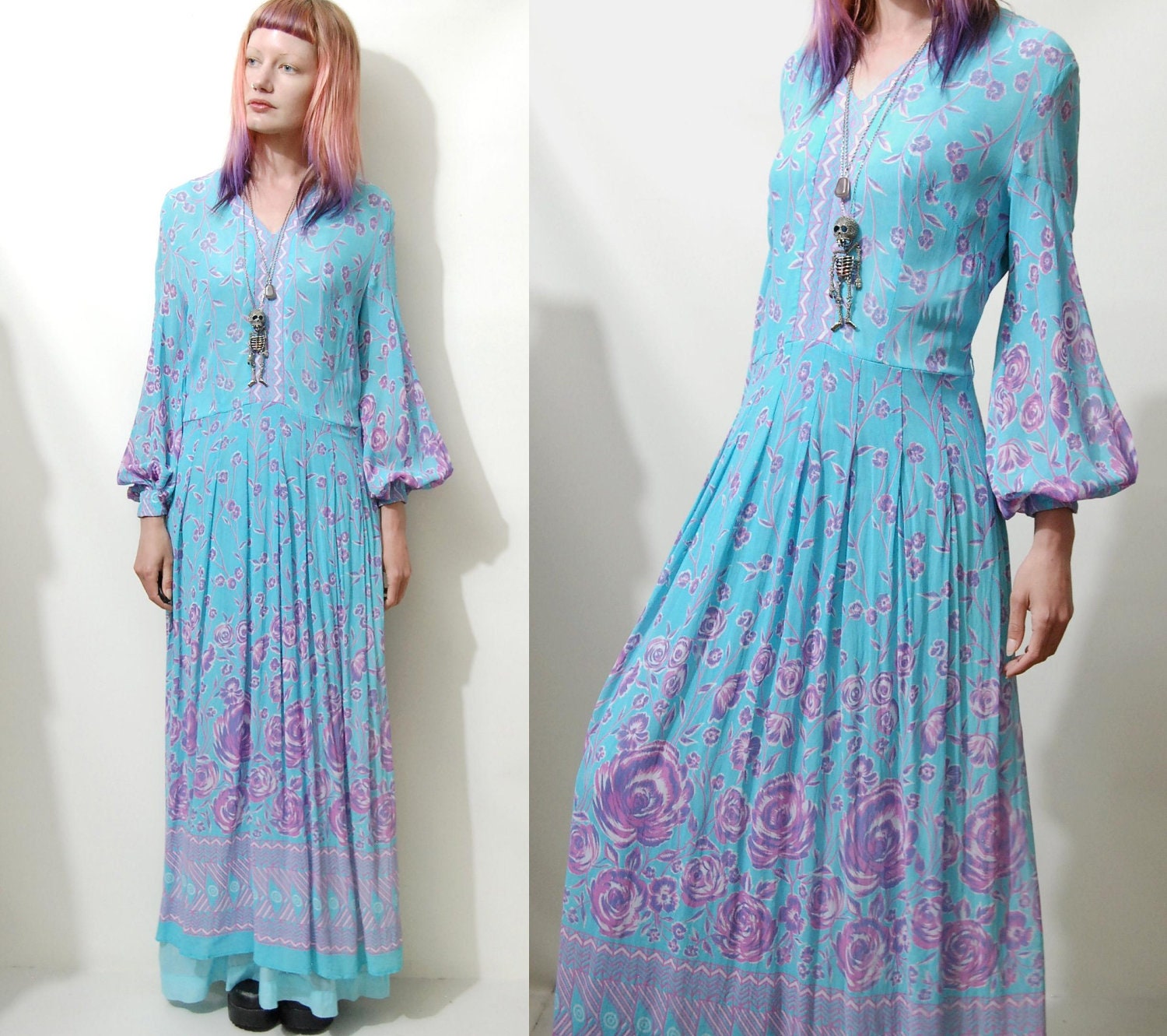 70s Vintage AQUA Turquoise MAXI DRESS Climbing floral Puff/Bell-sleeve chiffon crepe Bohemian Hippie Long Sheer Gown s-m