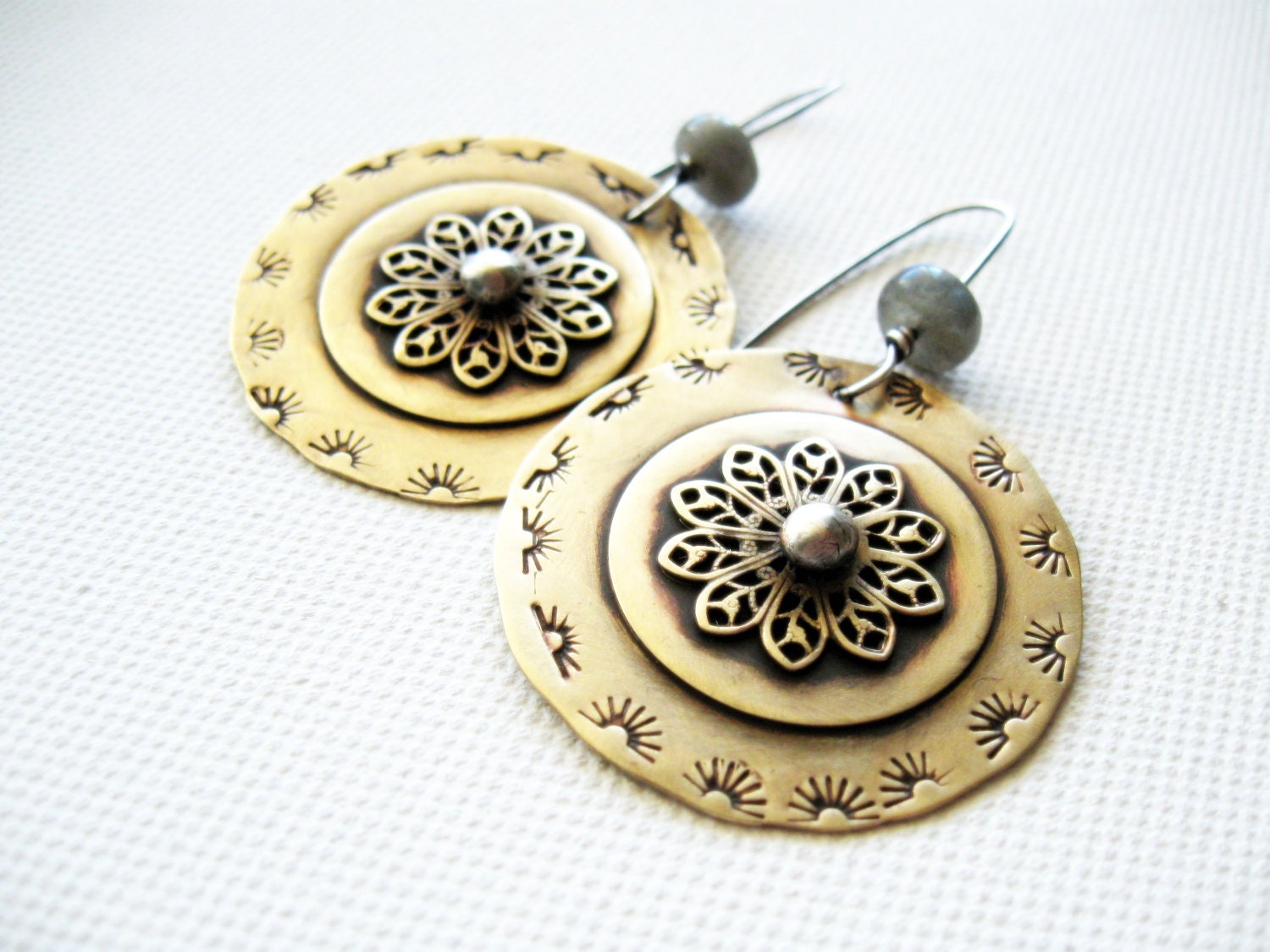 Gold Brass Filigree Earrings Drop Dangle Labradorite Rustic  Sterling Silver Big Disks