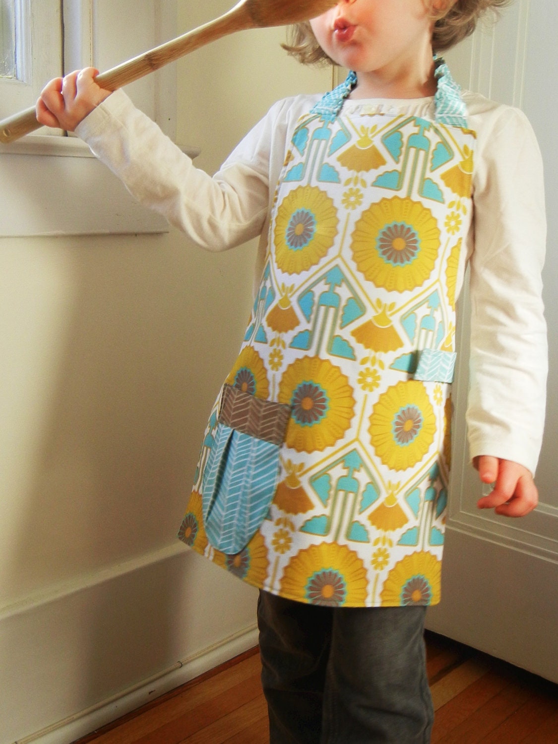 Size  2-4 yrs - Golden sunflower reversible children's apron - Joel Dewberry - teal, gold, brow
