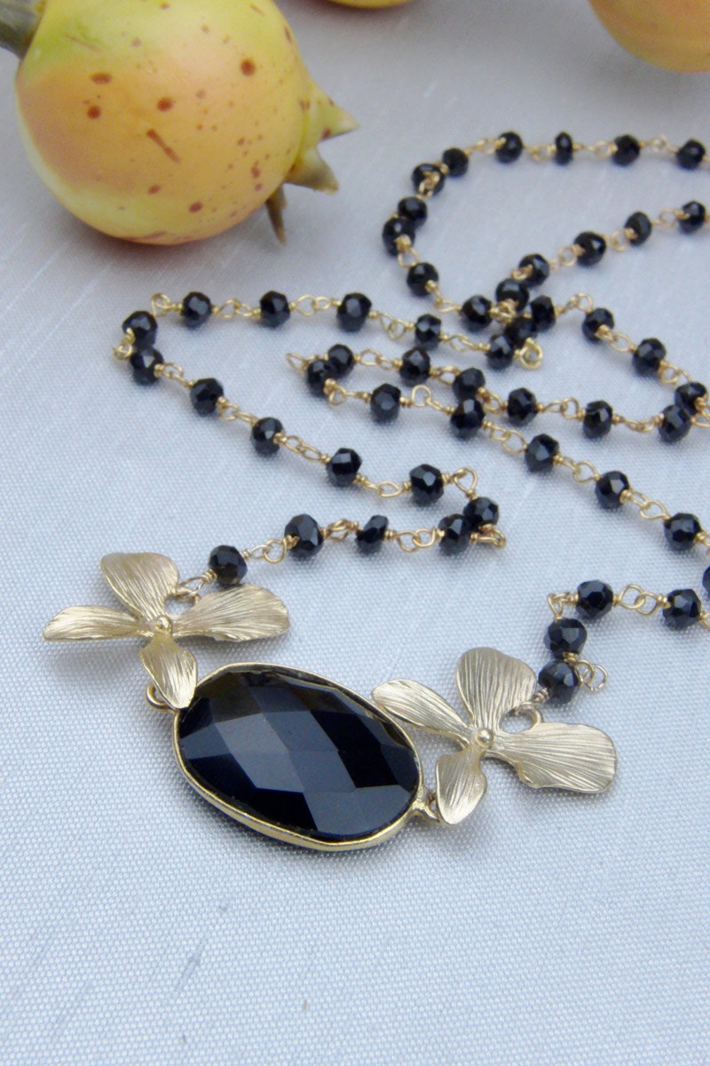 Bezel Set Black Onyx Necklace - Orchid Flower Necklace - Black Spinel Chain - Holiday