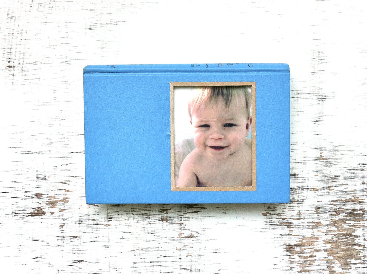 vintage book picture frame. READABLE vintage book as unique photo frame. The Tenth Month, 1970. robins egg sky blue baby child gift