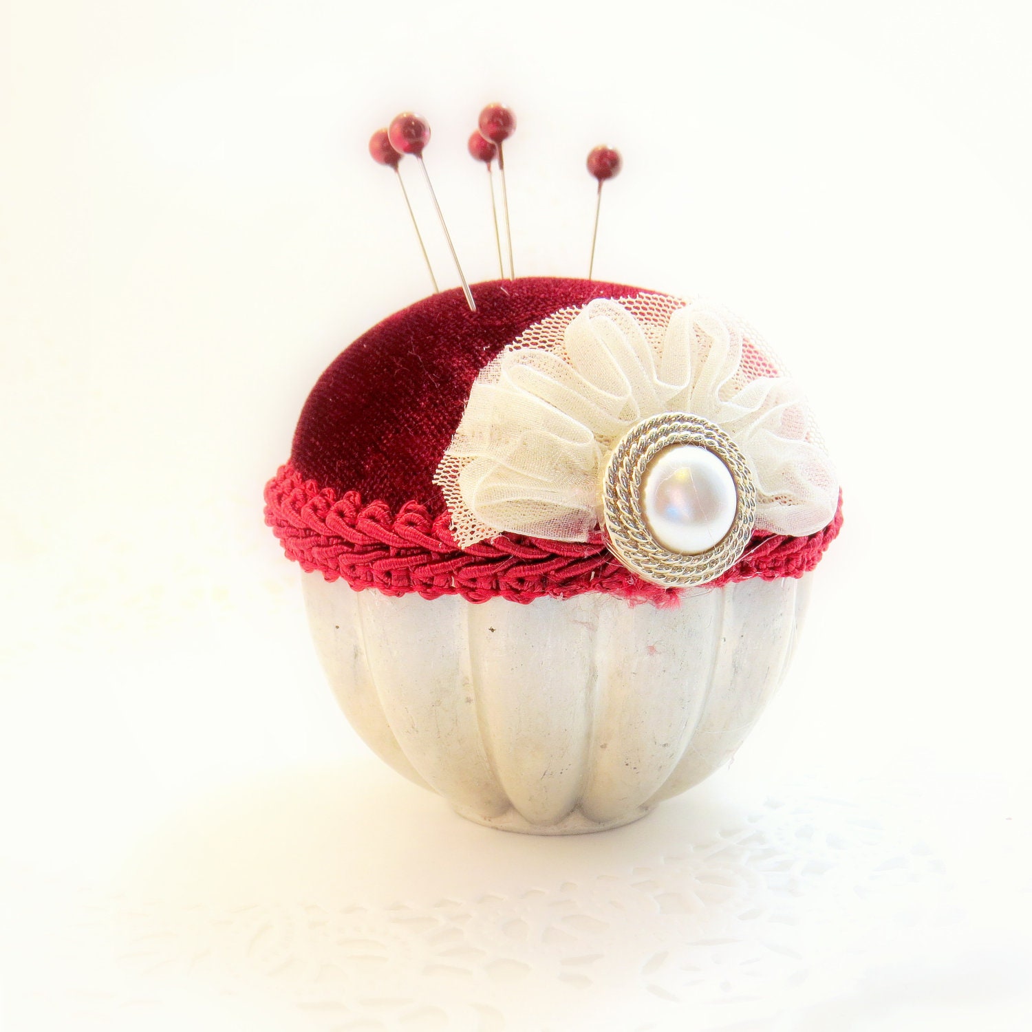 Pincushion needlecraft vintage Jello mold Victorian Valentines day cranberry red velveteen decorative straight pins TAGT tenX
