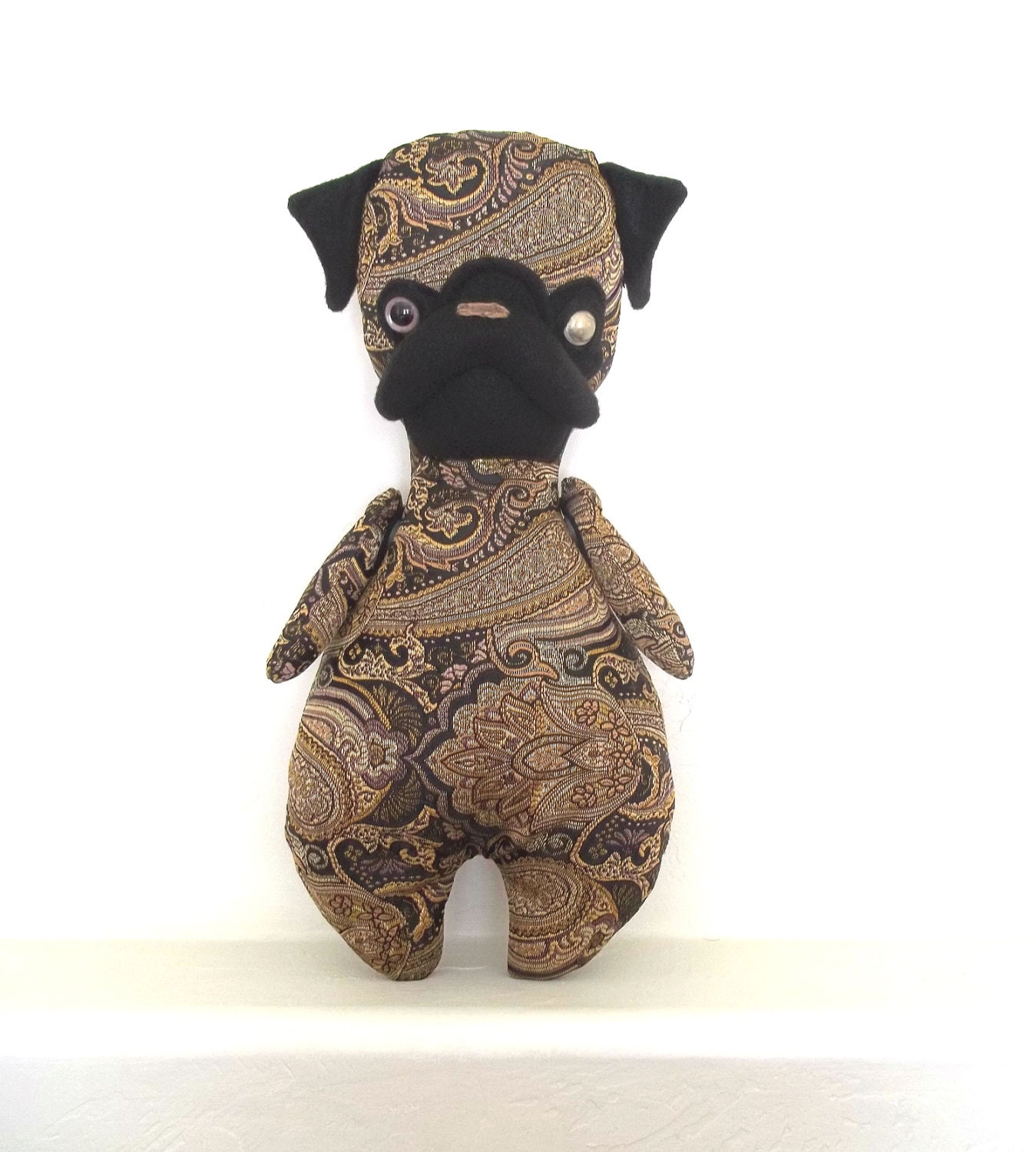 Mon Cher Pug (paisley, gold, brown, black, yellow, button, old, folk, vintage) pug doll, pug stuffed animal, toy children, art doll