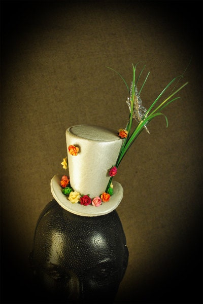 Halloween, Burlesque, Gothic, Steampunk, Victorian, Showgirl, Mad Hatter, Pearl Mini Top Hat  with flowers