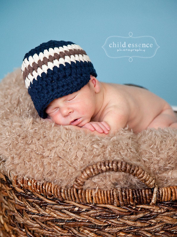 Baby Boys Hat, 0 to 3 Month Baby Boy Crochet Striped Visor Beanie Baby Hat - Navy Blue, Ecru, Brown Photo Prop Baby Hat for Baby Boys