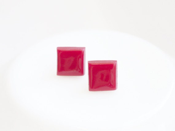 Deep Red Earrings Studs - Red Hot Earrings - Small Little Earrings - Small Square Red Ear Studs