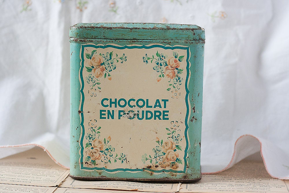 Vintage French Blue Metal Chocolate Cocoa Tin With Flowers Chocolat en Poudre