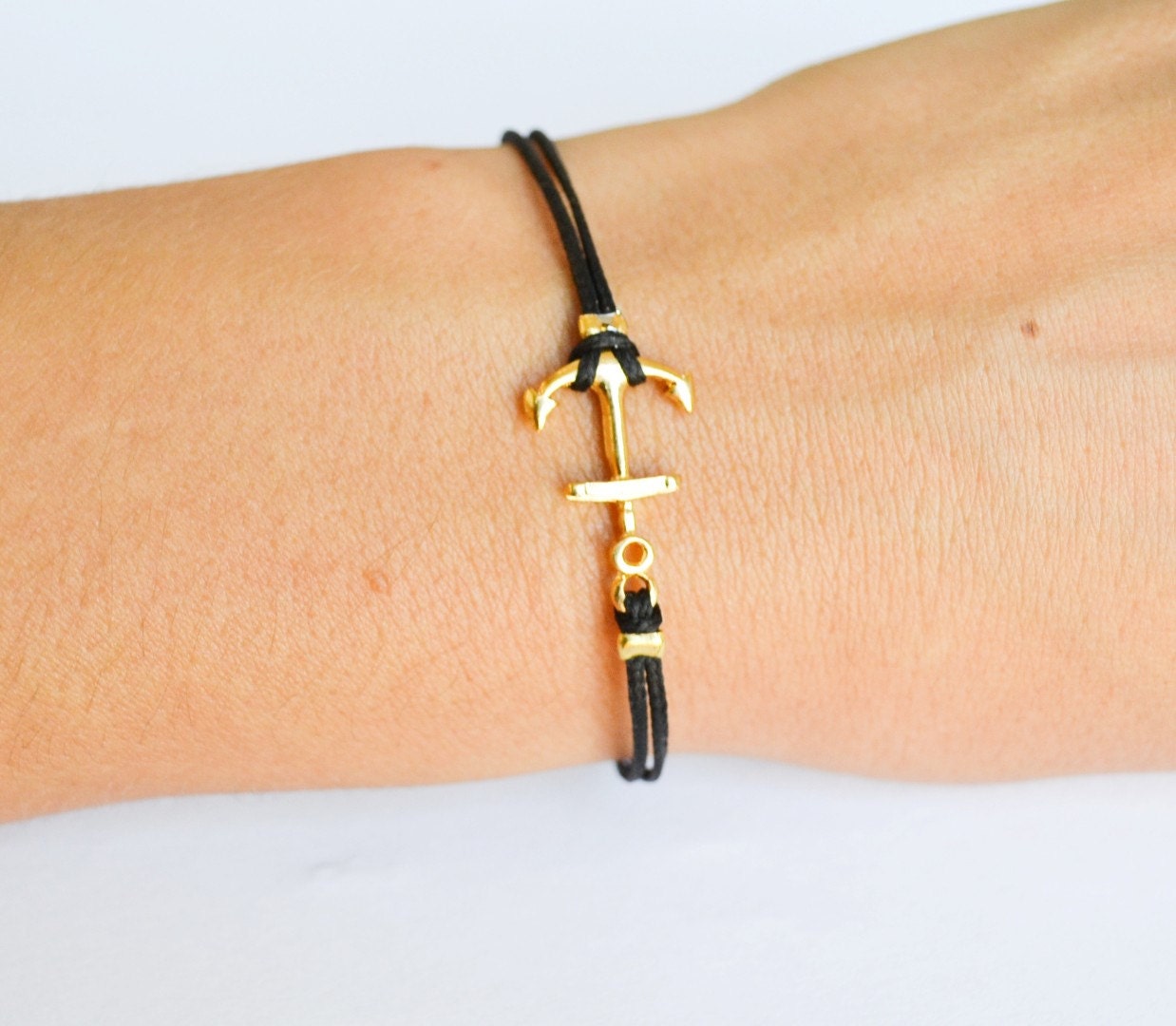 Anchor bracelet for women - black cord bracelet with a gold plated anchor charm. dainty bracelet, minimalist nautical jewelry, gift for her