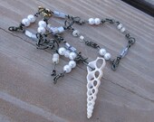 Seashell Necklace Wire Wrapped Handmade Copper Wire Jewelry with Silver and White Beads