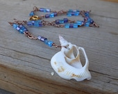 Seashell Necklace Wire Wrapped Necklace Handmade Copper Wire Jewelry with Blue Beads