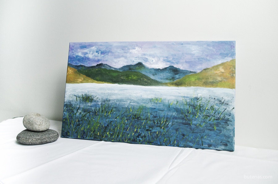 Landscape painting on canvas. Original mountains nature home decor acrylic art. Water Lake Green Gray Blue 12x20 artbyasta