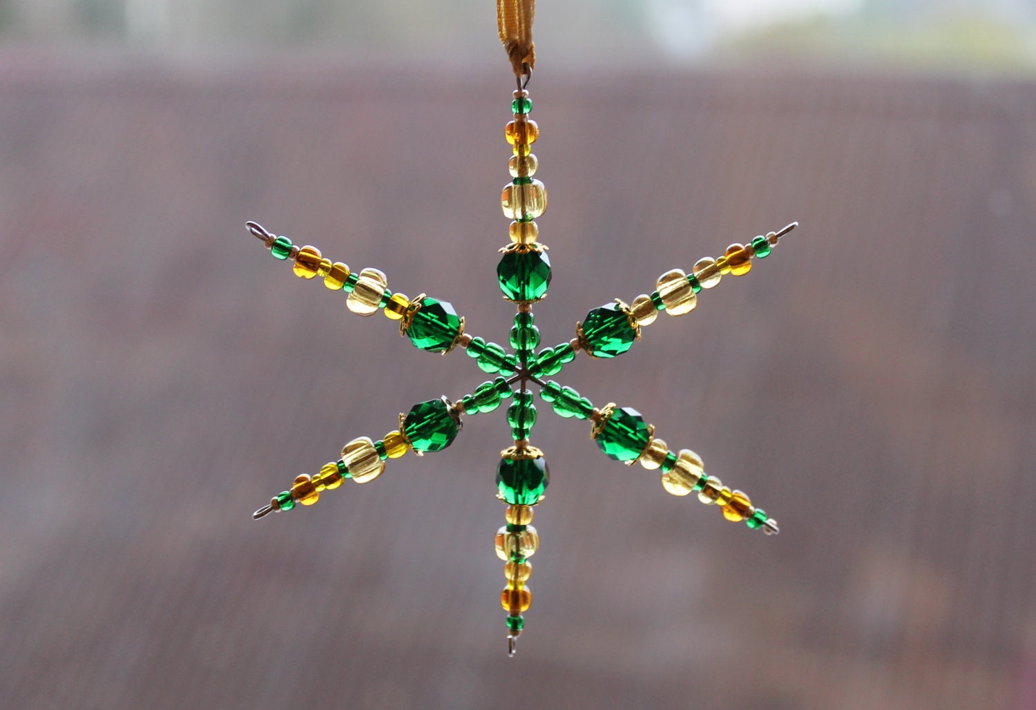 Green beaded snowflake - grass green and golden beaded glass ornament - home decor - gift for mum