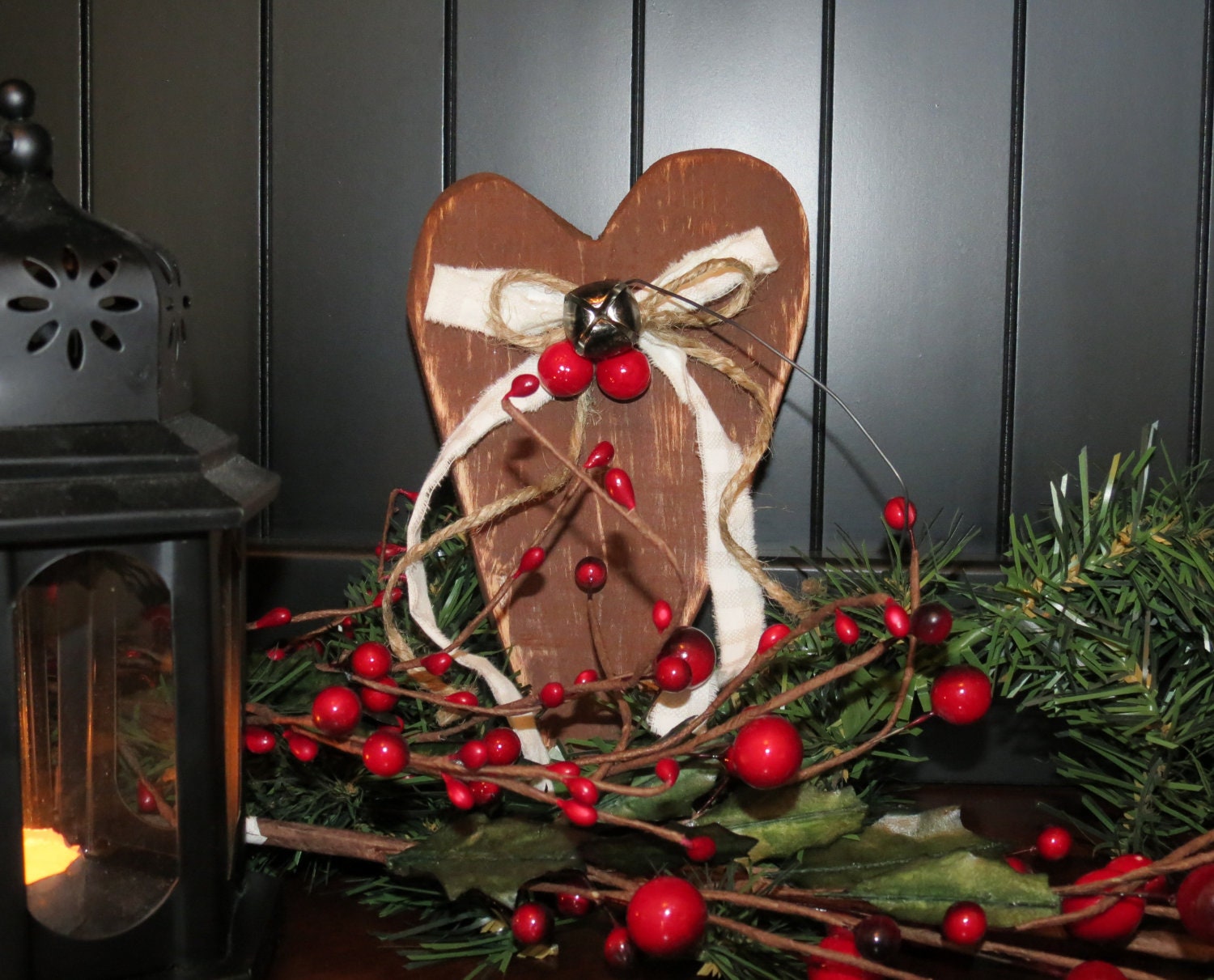Distressed Wood Christmas Heart Ornament - Rustic, Country, Cottage, Primitive, Wedding