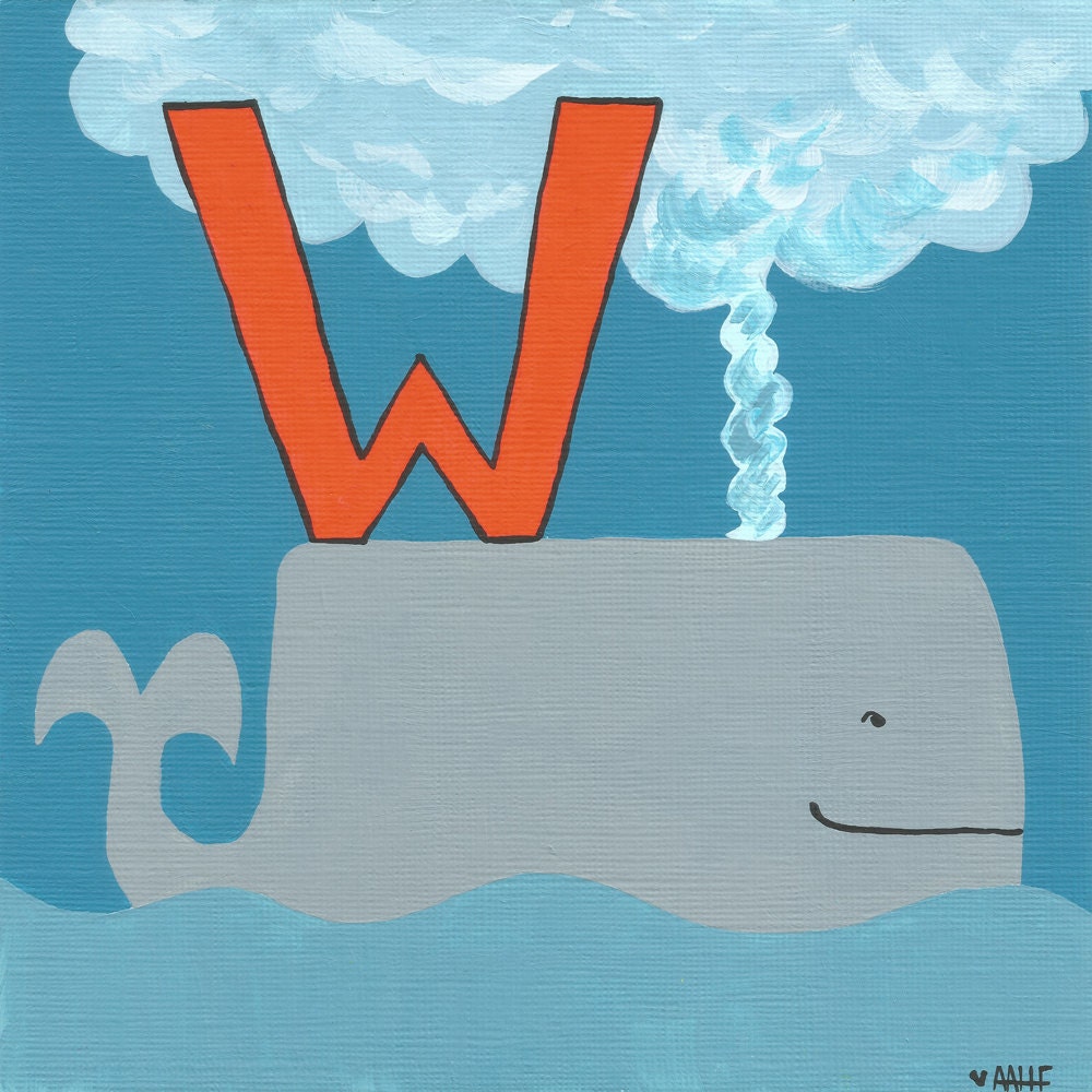whale ocean nautical nursery art PRINT - childrens alphabet art ABCs - w is for whale - grey, gray, blue - print of acrylic on canvas
