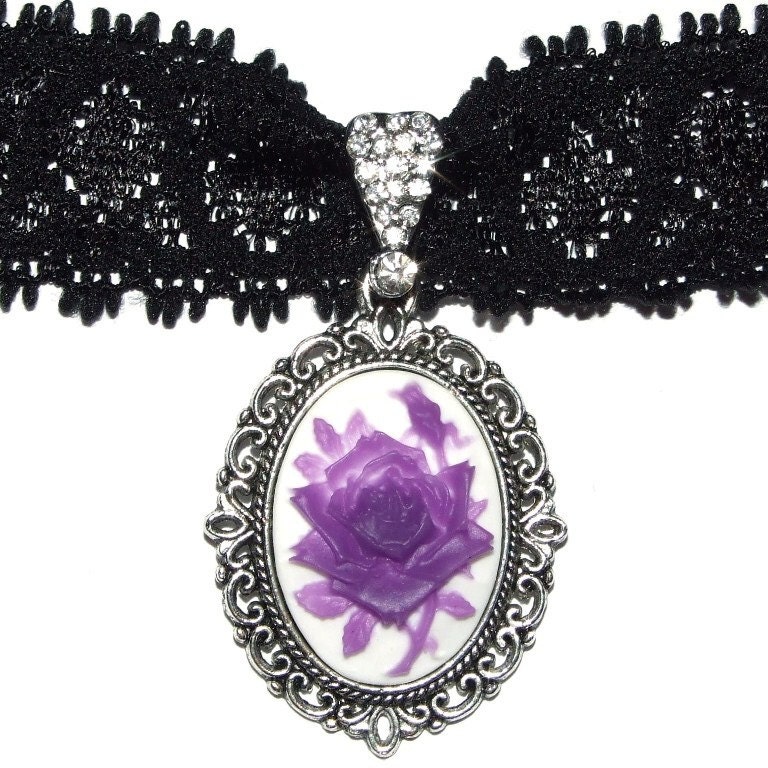 Vintage/Gothic/Vampire/Victorian Rose/Flower Cameo Purple/Black & Antique Silver Adjustable Lace Necklace/Choker