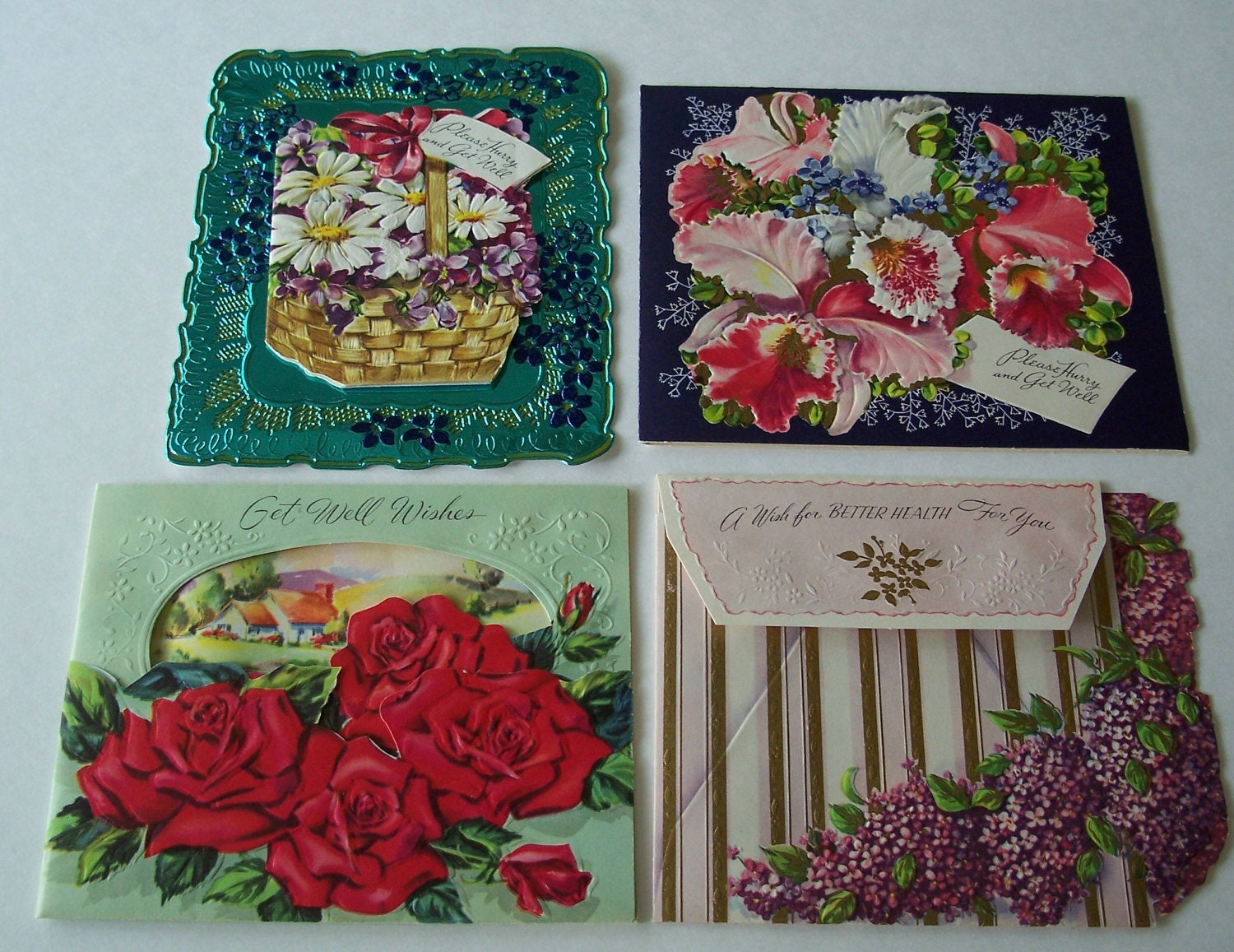 Four unused 1950's Get Well Cards with Envelopes Lithographed in Canada